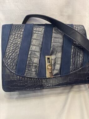 David Jones Paris Navy Blue Leather Shoulder Bag with Stripes Made In France PRC
